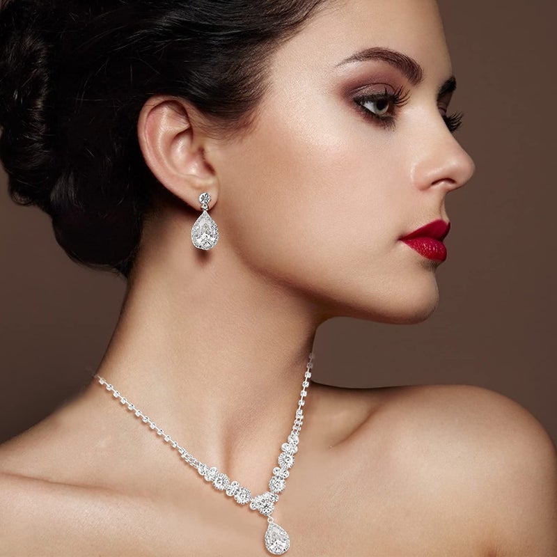 COCIDE Bride Jewelry Set Silver Crystal Wedding Necklace Earrings Bridal Rhinestone Teardrop Pendant Accessories for Women and Bridesmaids (3 piece set - 2 earrings and 1 necklace) - Image 3